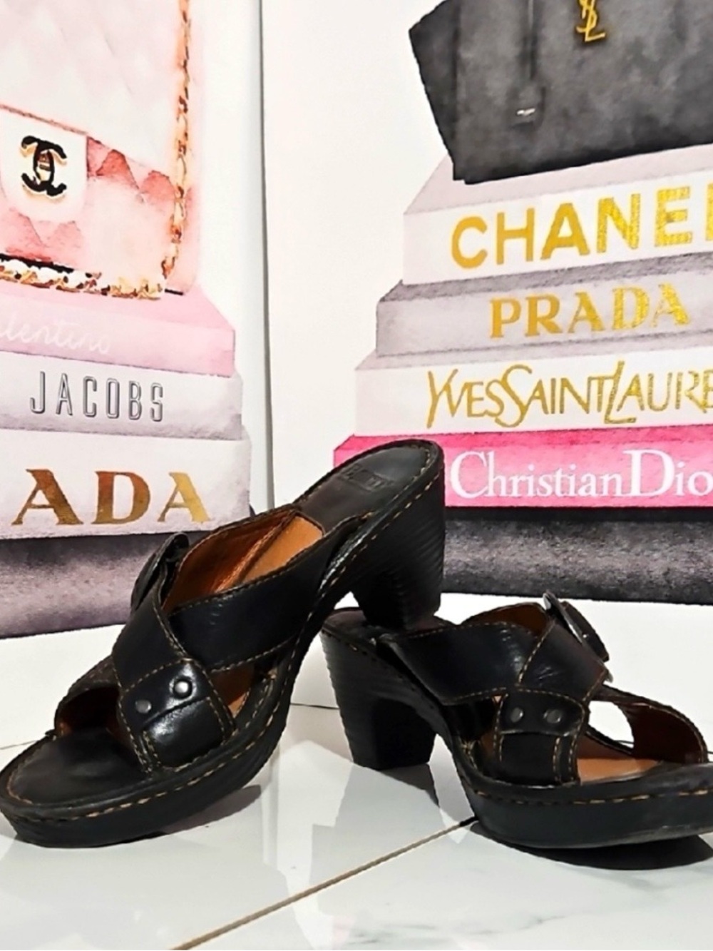 Born Black Leather Heeled Clog Sandals